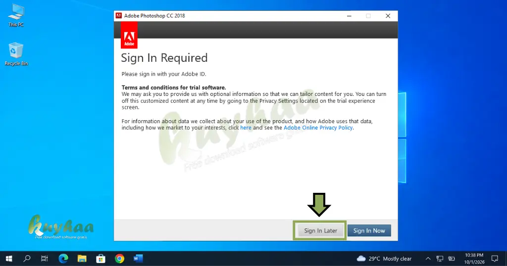 Adobe sign-in requirement window highlighting the selected Sign In Later option button