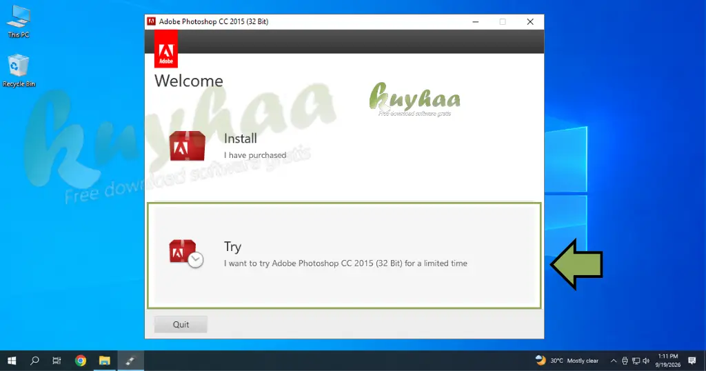 Adobe installer options window showing Sign In and Try buttons, with the Try option highlighted