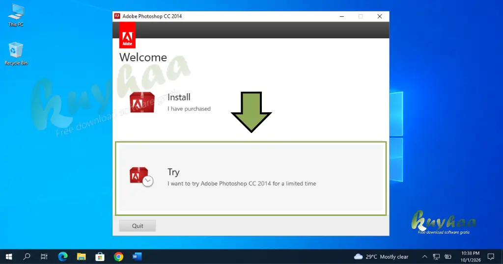 Adobe installer options window showing Sign In and Try buttons, with the Try option highlighted