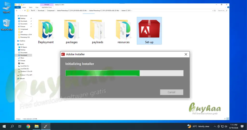 Adobe installer loading window initializing the setup files on the desktop for Photoshop CC 2015