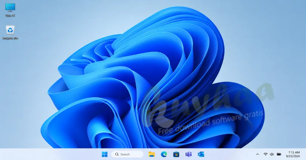 Tampilan desktop Windows 11 terbaru setelah instalasi selesai dengan ikon This PC dan Recycle Bin