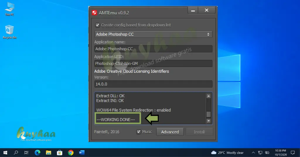 AMTEmu patcher interface displaying the 'WORKING DONE' success message at the bottom
