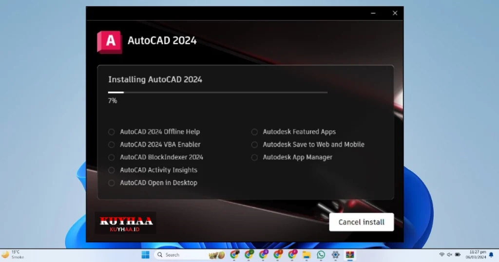 This picture shows installation status of Autodesk AutoCAD 2023