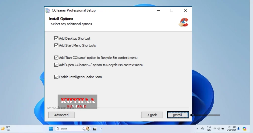 This picture shows to select additional options in CCleaner setup