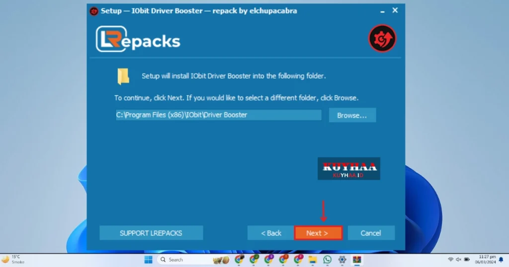 This picture shows specify the folder for installation of Driver Booster Pro