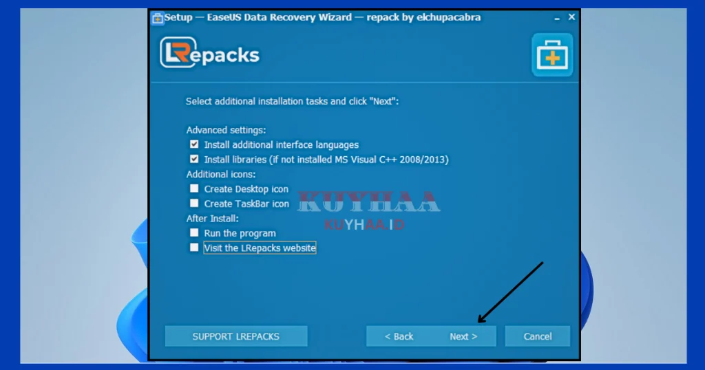 This picture shows select addition installation tasks then click next EaseUS Data Recovery