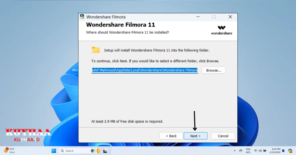 This pricture shows specify the folder Wondershare Filmora