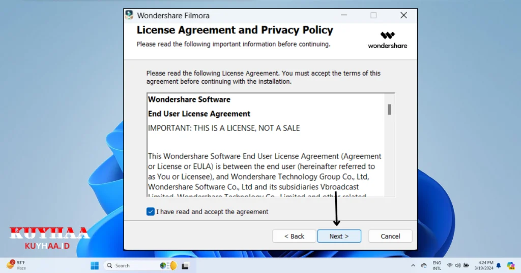 This pricture shows accept agreement and then next Wondershare Filmora