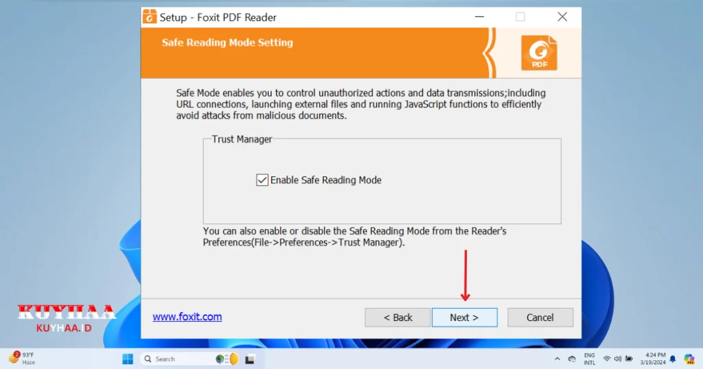 This picture shows enable safe reading mode and then click next Foxit PDF Reader