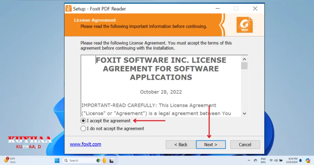 This picture shows accept the agreement and then click next Foxit PDF Reader