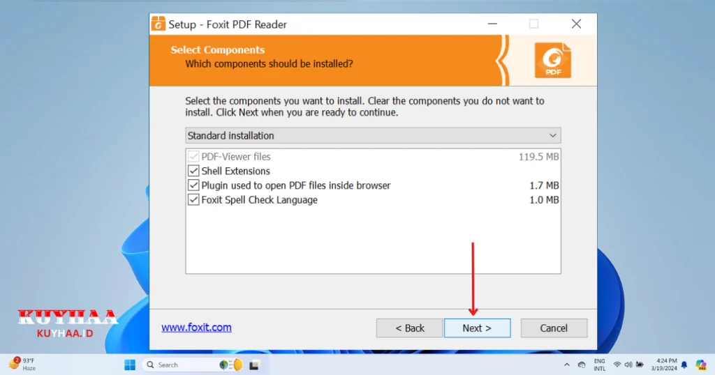 This picture shows select components and then click next Foxit PDF Reader