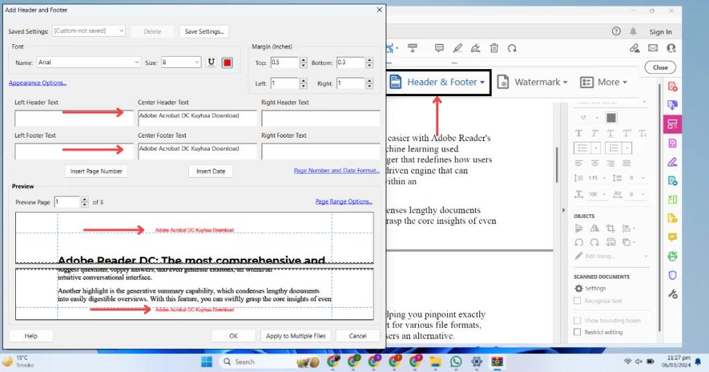 This picture shows how to add a header and footer in Adobe Acrobat Reader DC