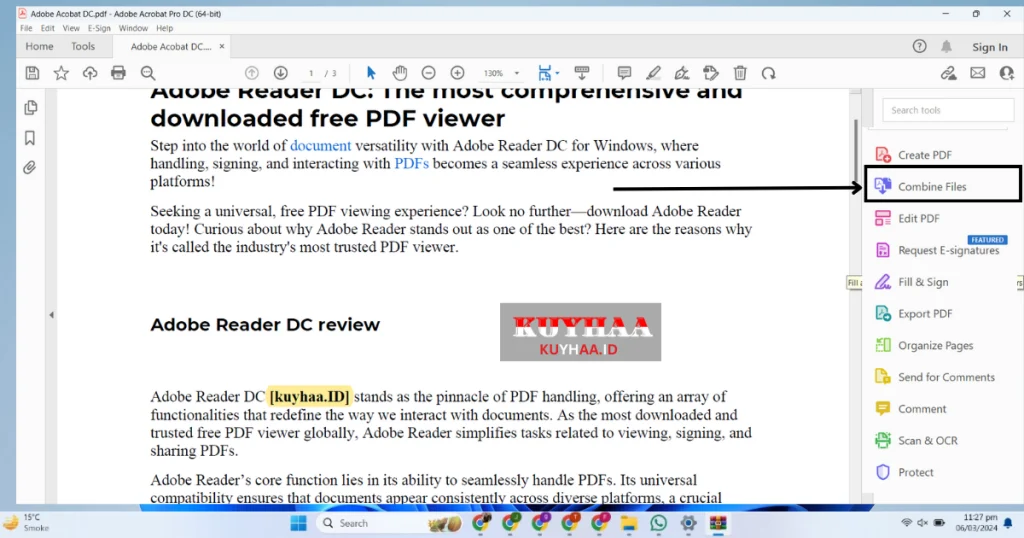 This picture shows how to combine PDF files in Adobe Acrobat Reader DC