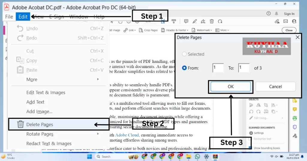 This picture shows how to delete pages in Adobe Acrobat Reader DC