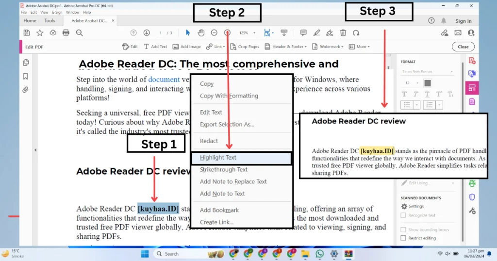 This picture shows how to highlight texts in Adobe Acrobat Reader DC