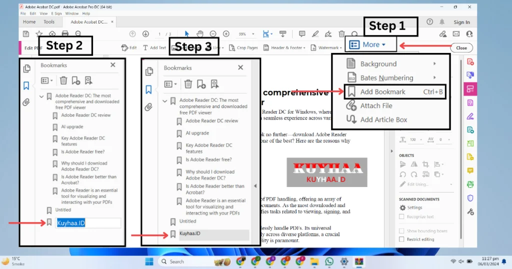 This picture shows how to add bookmark in Adobe Acrobat Reader DC