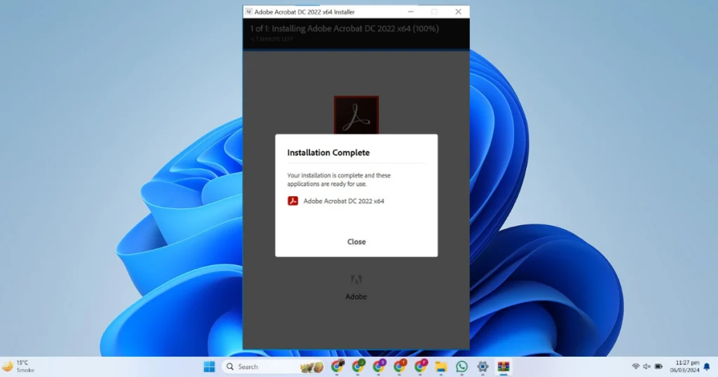 This picture shows installation of Adobe Acrobat Reader DC is completed