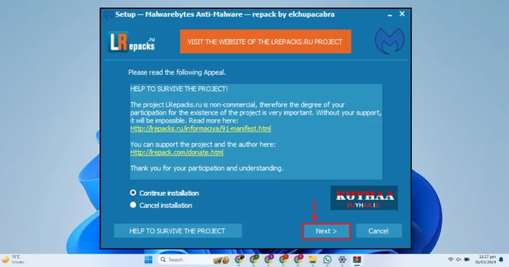 This picture shows installation Wizard of Malwarebytes 