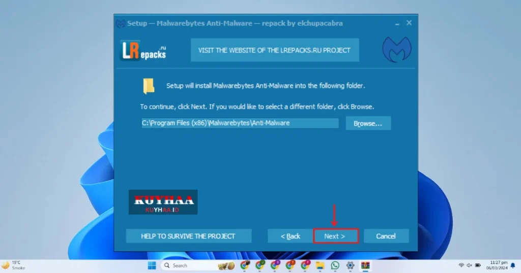 This picture shows to specify the installation folder