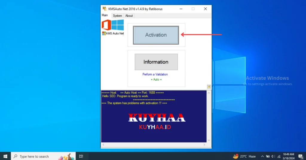 This picture shows to run the program and click on the Activation option.