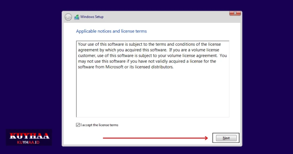 This picture shows accept the agreement in Windows setup