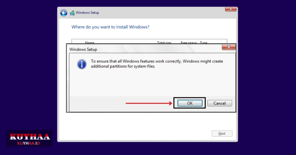 This picture shows click OK in Windows setup