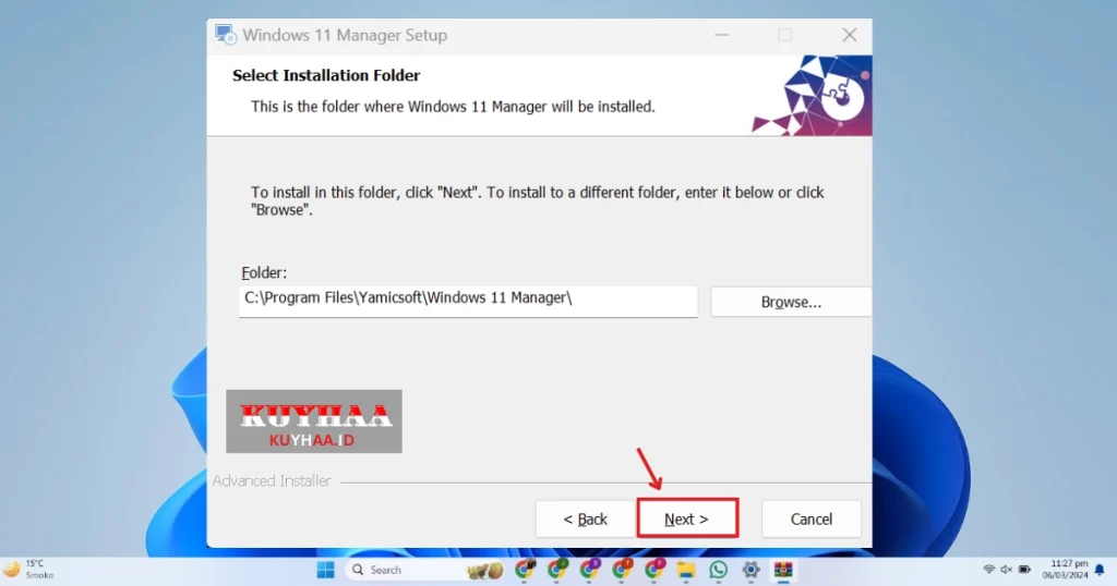 This picture shows to specify the folder for installation