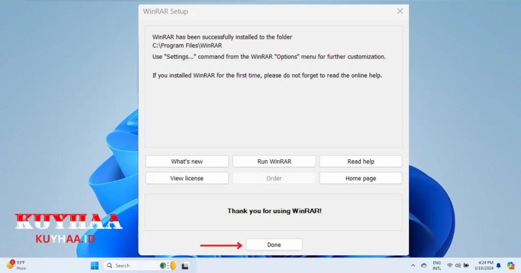 This picture shows WinRAR is successfully installed and then click done