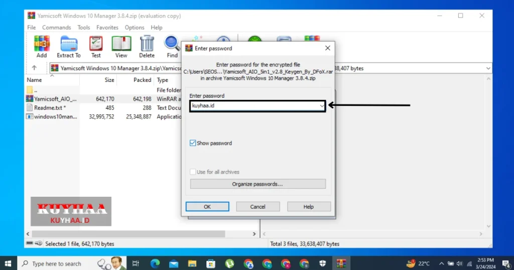 This pricture shows top open the zip file of Windows 10 Manager and open patch file and enter password