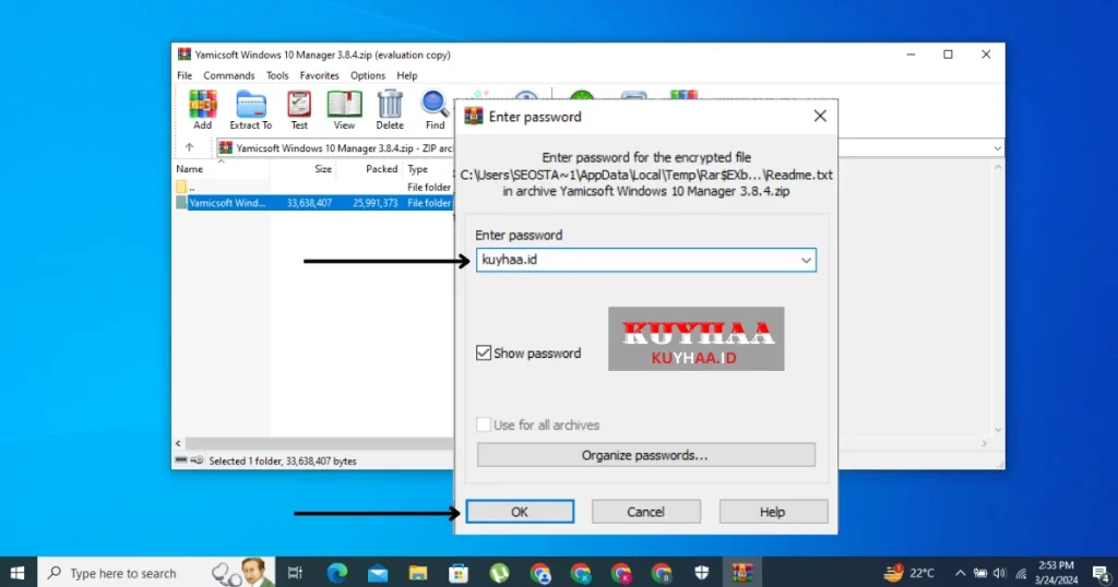 This pricture shows enter password of Windows 10 Manager in zip file