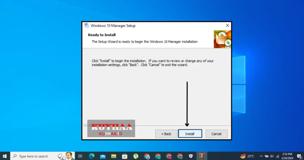 This pricture shows to click install in Windows 10 Manager setup