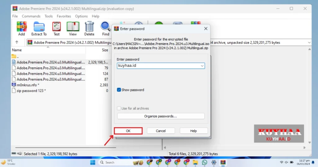 This picture shows open and run the zip file andenter passowrd of Adobe Premium zip file