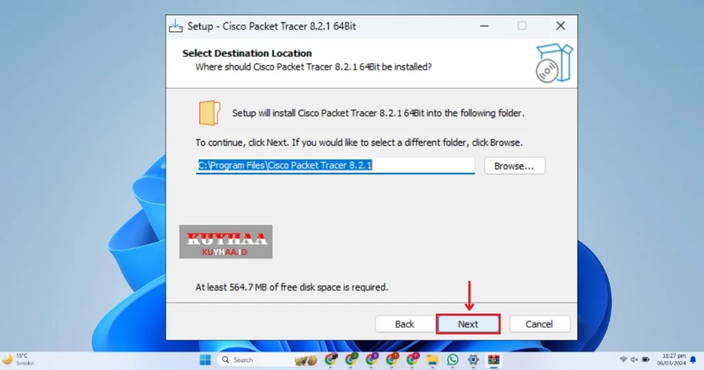 This picture shows specify the folder for installation of Cisco Packet Tracer