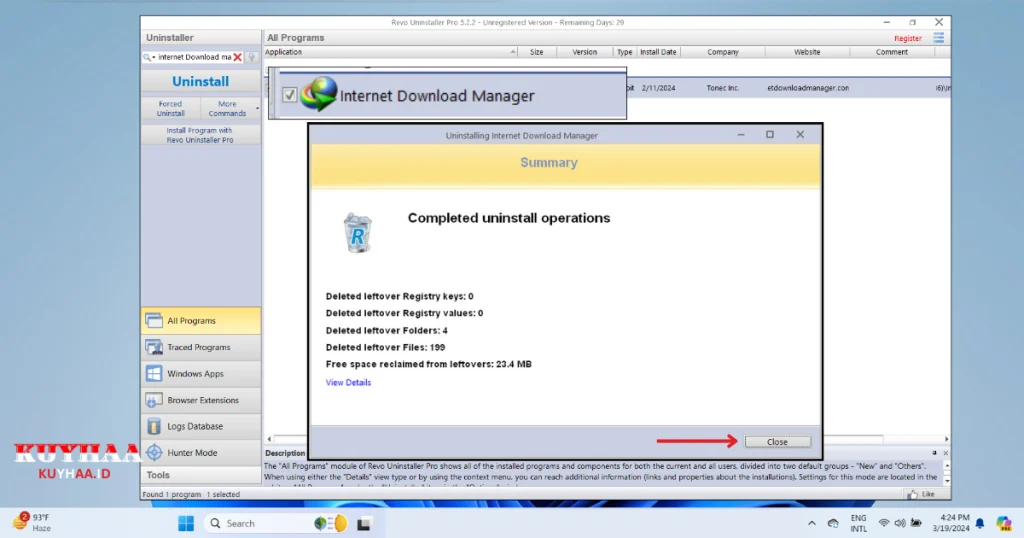 Revo Uninstaller will show Summary of the complete operation.