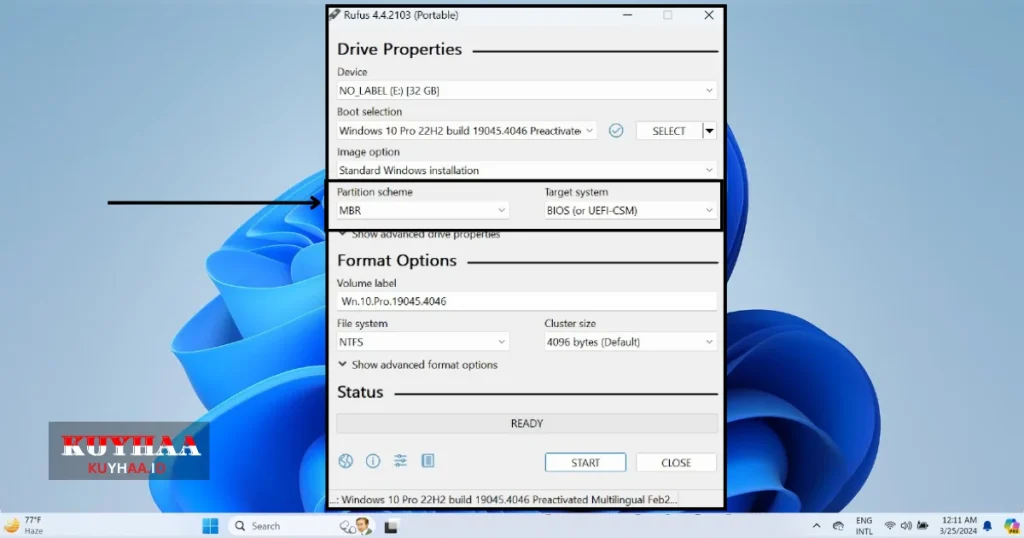 This picture shows to select the partition scheme in Rufus