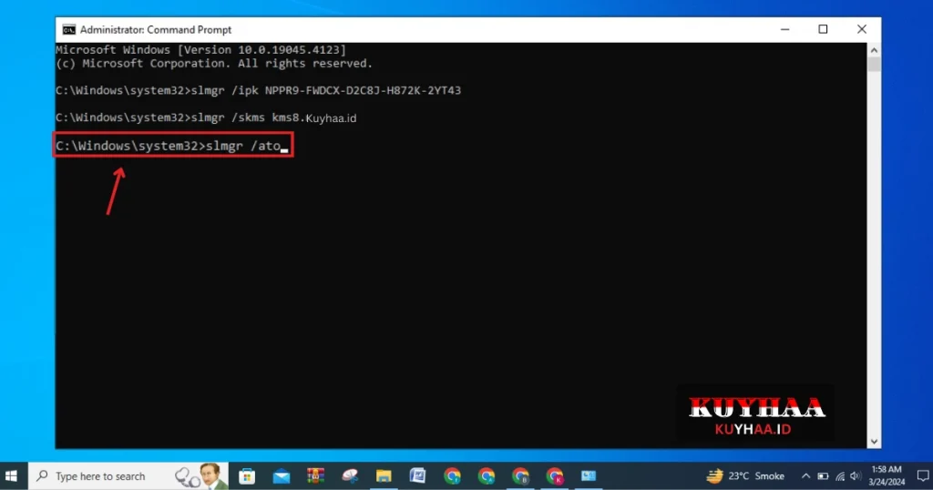 This picture shows the last command in CMD to activate Windows 10