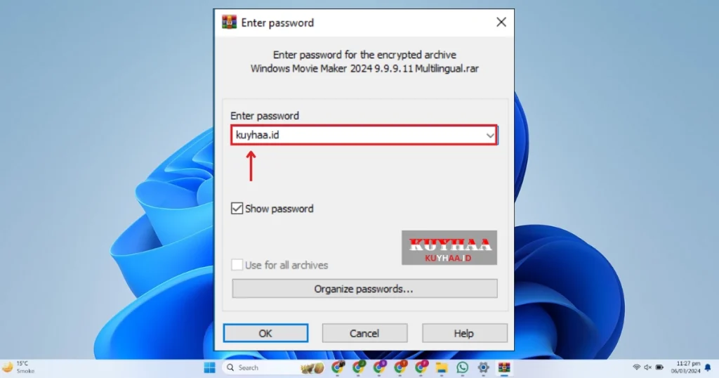 This picture shows to enter the password in Windows Movie Maker