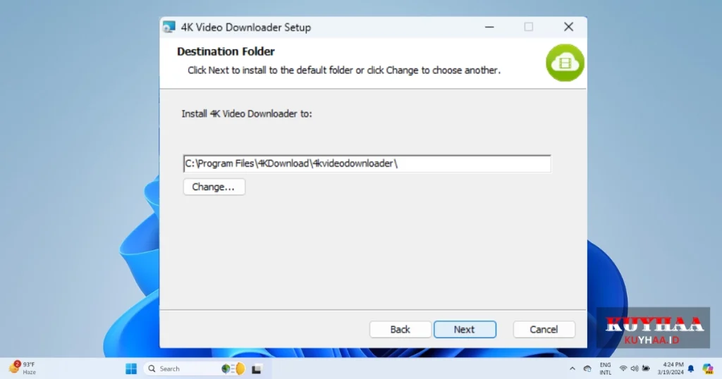 This picture shows to specify the folder for installation of 4K Video Downloader