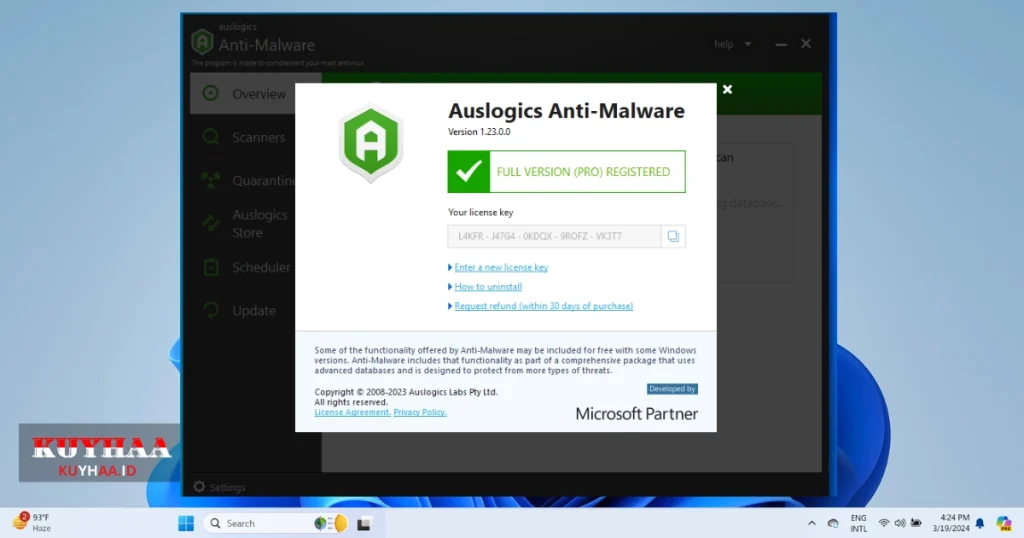 This picture shows the activation status of Auslogics Anti-Malware