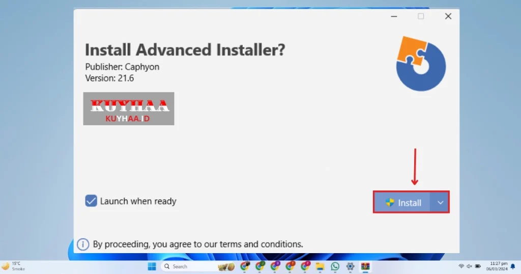 This picture shows to click Install of Advanced Installer Architect