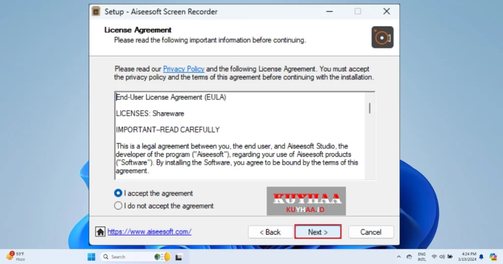 This picture shows to to accept the agreement of Aiseesoft Screen Recorder