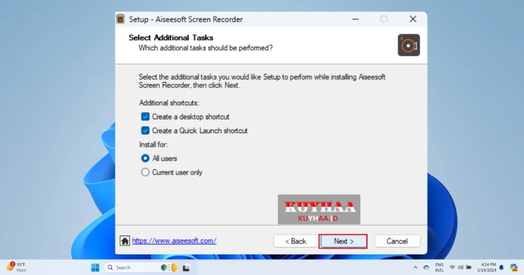 This picture shows to select additional tasks of Aiseesoft Screen Recorder