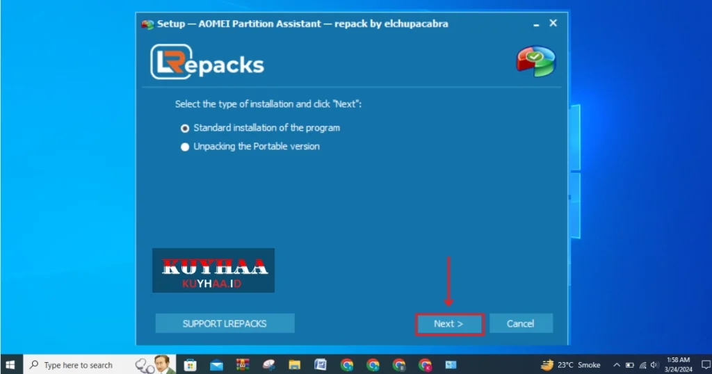 This picture shows to select the type of installation of AOMEI Partition Assistant