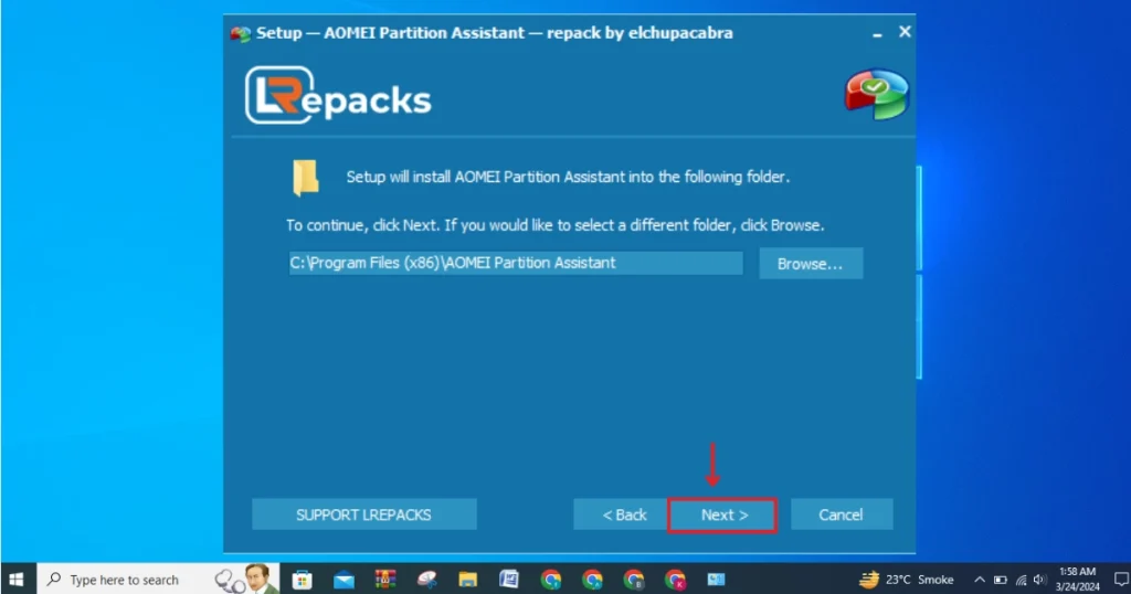 This picture shows to specify the folder for installation of AOMEI Partition Assistant