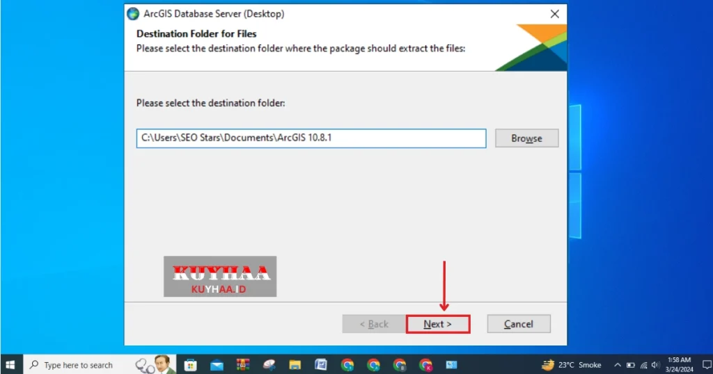 This picture shows to specify the folder for extraction of ArcGIS component