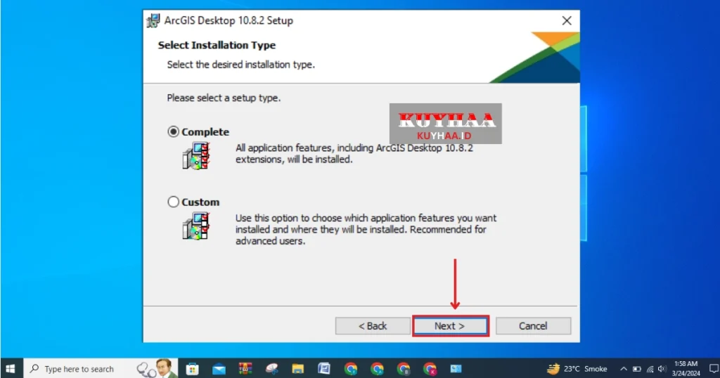 This picture shows to select setup type of ArcGIS Desktop