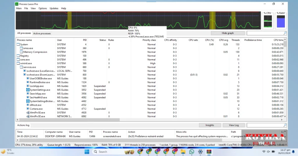 This picture shows the interface of Bitsum Process Lasso Pro