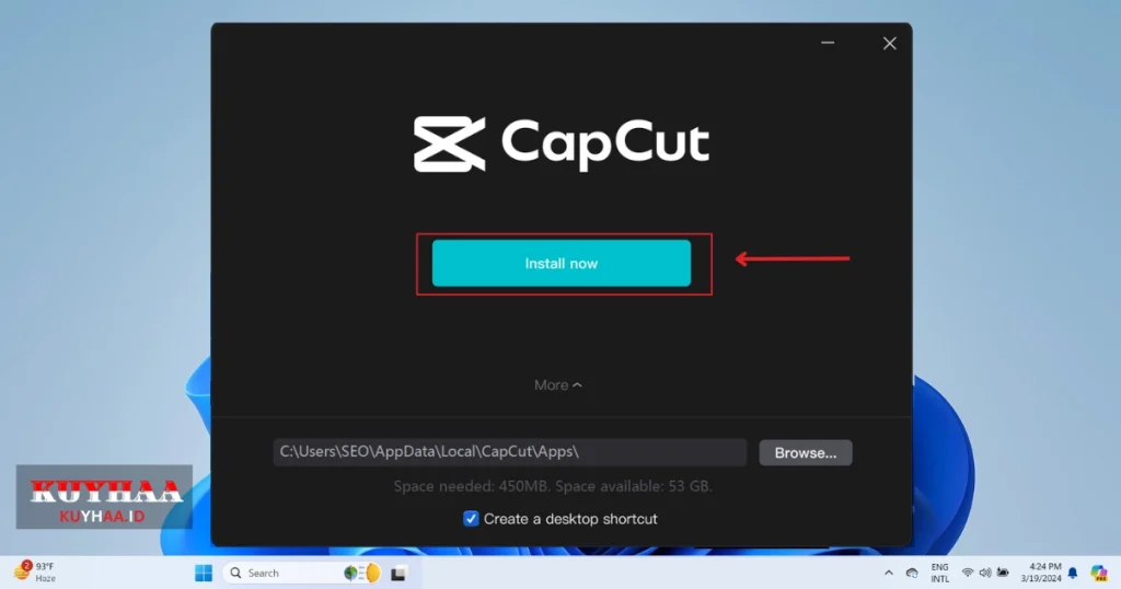 This picture shows to click Install Now CapCut 