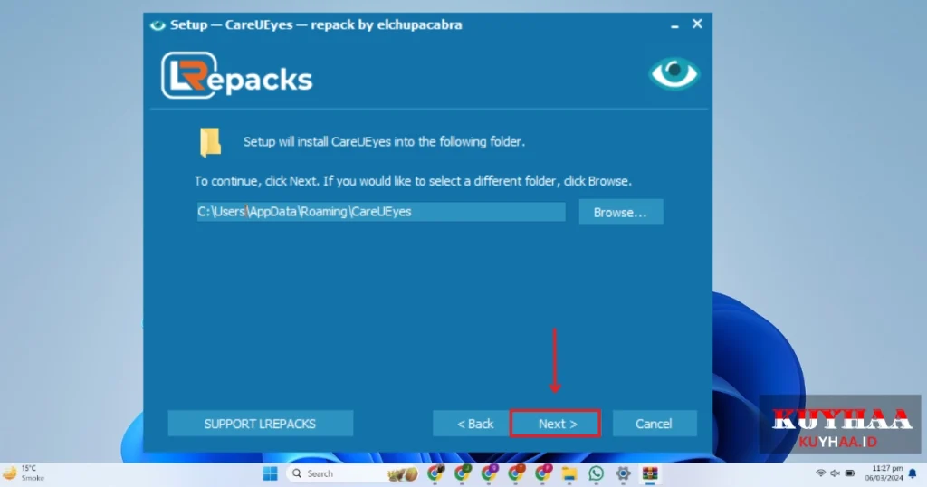 This picture shows to specify the folder for installation of CareUEyes Pro