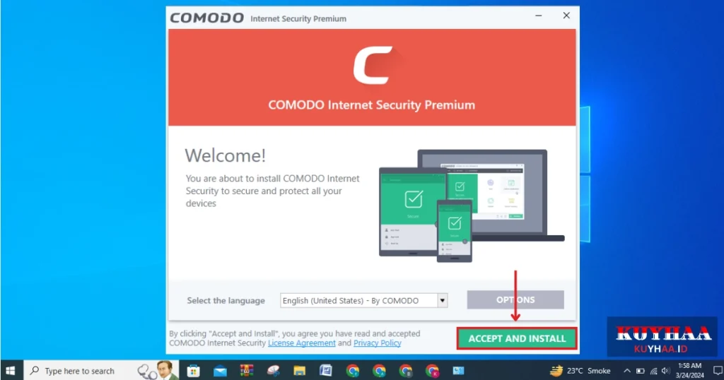 This picture shows to click accept and install Comodo Internet Security Premium